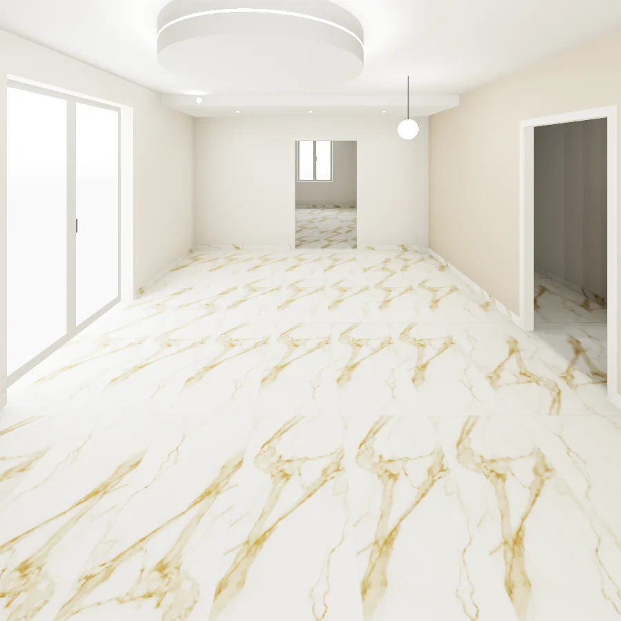 Il soggiorno dello stesso quadrilocale finito nel Simulatore alloggio: pavimento effetto marmo 120×60, controsoffitto con le luci, porta finestra