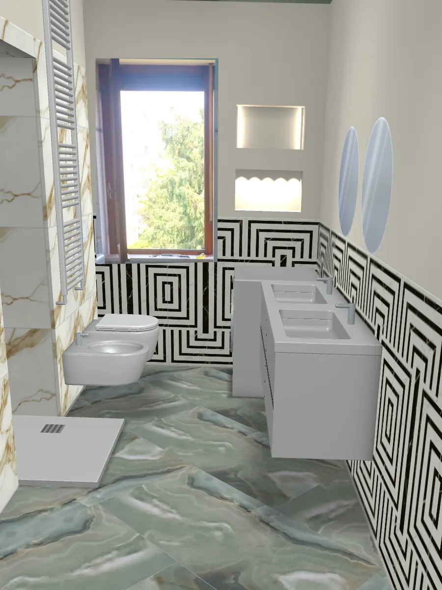 Simulazione dello stesso bagno con piastrelle nuove, sanitari sospesi, doccia, mobile bianco con doppio lavabo e termosifone scaldasalviette