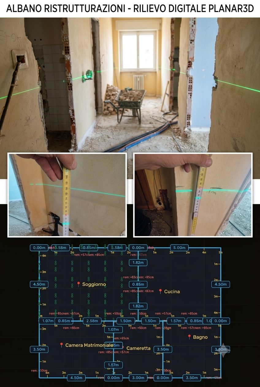 Rilievo della planarità del pavimento con livella laser e stadia in un cantiere di ristrutturazione a Torino, e la griglia di quote risultante in Planar3D