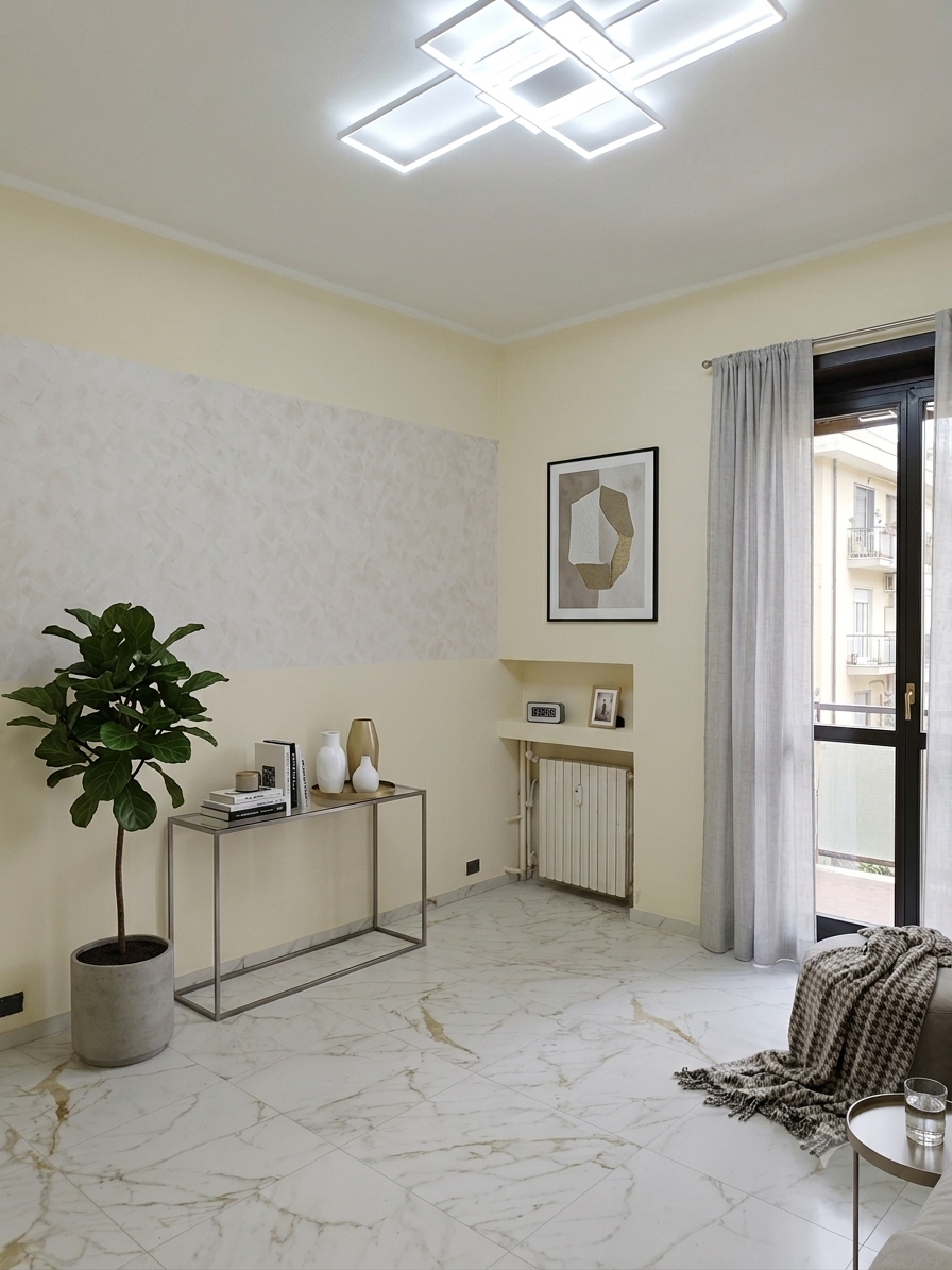 Living con pittura bicolore e soffitto in cartongesso