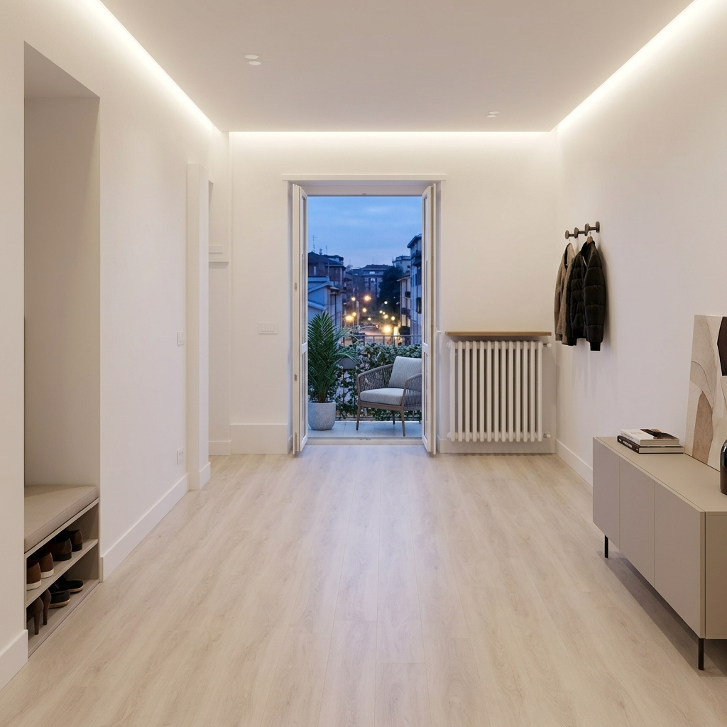 Soggiorno con pavimento effetto legno e finiture di pregio a Torino